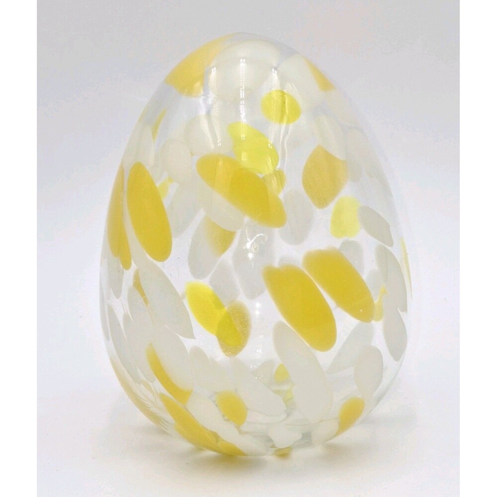 6" Hand Blown Art Glass Hollow Egg Yellow Spotted Pattern Decor Paper Weight